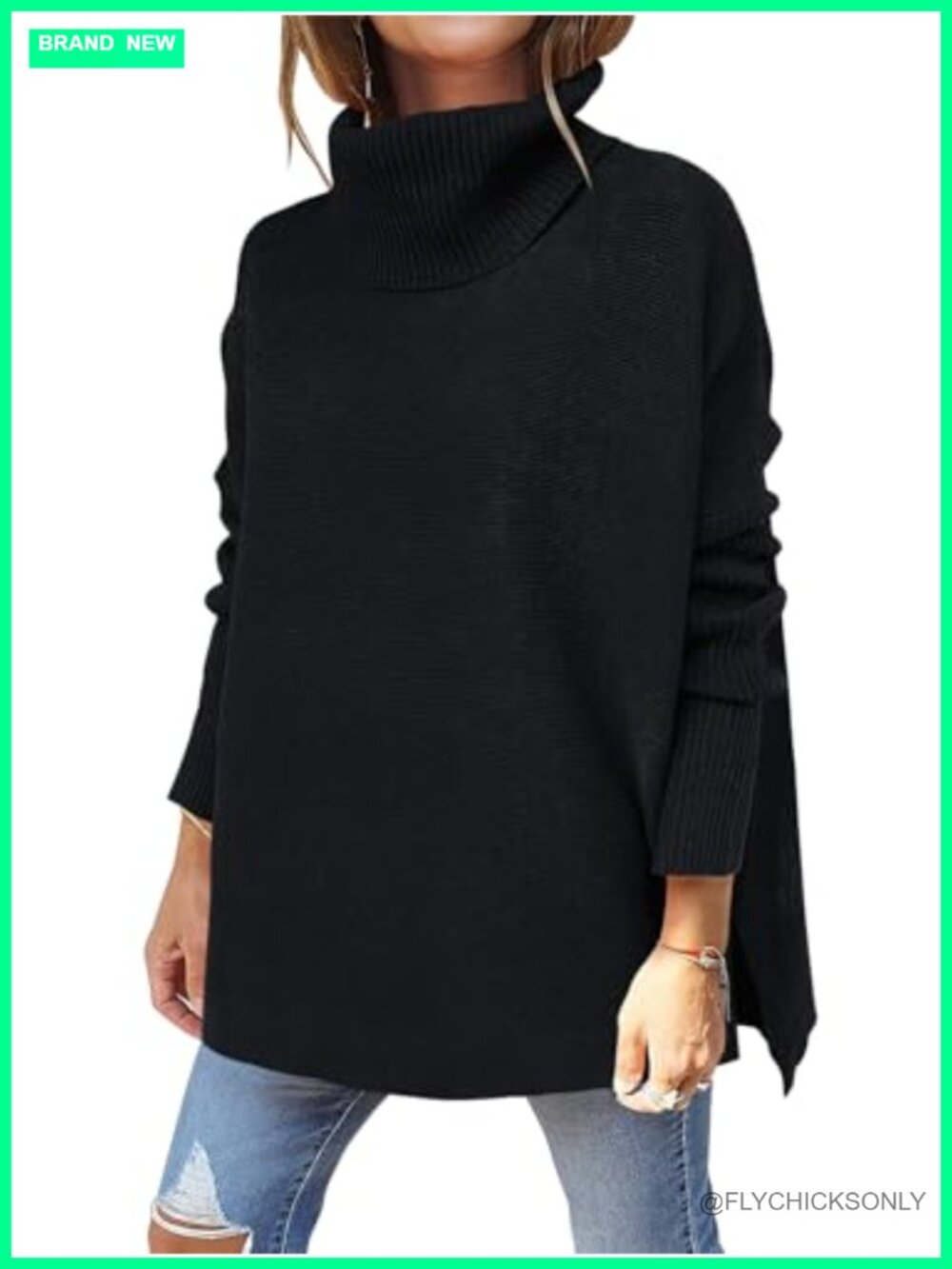 Oversized Turtleneck Sweater Batwing Sleeve High Low Hem Pullover